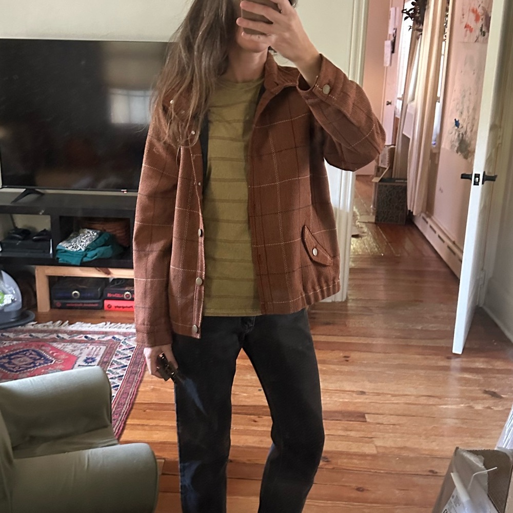 Vintage Funnel Neck Cropped Brown Plaid Jacket Coat - Picture 6 of 10